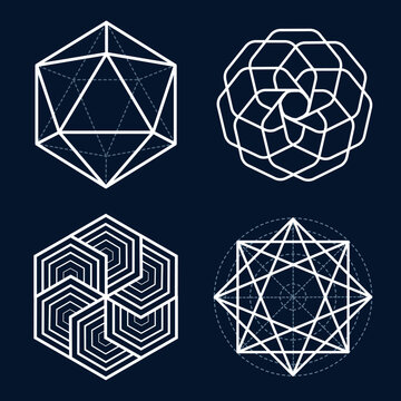 A set of four complex geometric shapes on a dark background