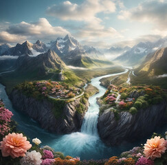 photorealistic image of an imaginary place, a mountain meetins with fountain, clouds in the sky, with flower, generative ai