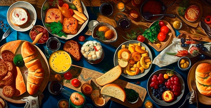 Festive table, many dishes from different countries of the world - AI generated image