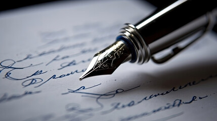 Fototapeta premium a Fountain pen resting on handwritten document. Generative Ai
