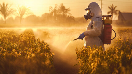 A man wear protective clothing fumigating field with pesticide or insecticide. Generative Ai