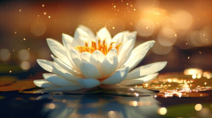 A white lotus in a golden magic pond. Generative Ai
