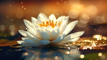 Foto op Canvas A white lotus in a golden magic pond. Generative Ai © tong2530