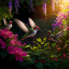 Flying hummingbird with garden in the background. Smallest colorful bird in flight. generative AI