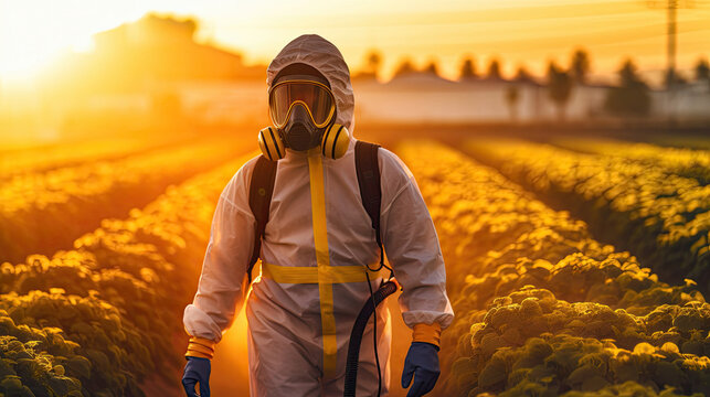 A man wear protective clothing fumigating field with pesticide or insecticide. Generative Ai