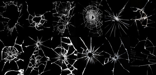 Set of broken glass texture on a black background. A large collection for use in design.