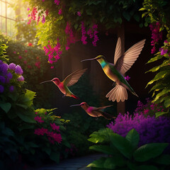 Flying hummingbird with garden in the background. Smallest colorful bird in flight. generative AI