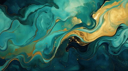 Luxury abstract fluid art painting in alcohol ink technique, mixture of bright colors and gold paints. Imitation of marble stone cut, glowing golden veins. Tender dreamy design. Generative AI.