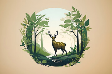 Beautiful T-shirt design, deer illustration with jungle environment, Dear logo, generative ai