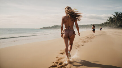 Naklejka premium Girl women friends walk on the beach. Fun at the seaside. Relax on holiday by the sea.