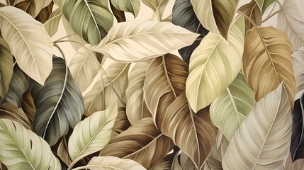 Abstract Background of illustrated Tropical Leaves. Exotic Wallpaper in beige Colors