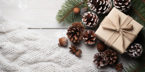 Fototapeta na wymiar Christmas composition. Christmas gift, pine cones, knitted blanket, fir branches on wooden white background. Flat lay, top view, copy space, generative ai