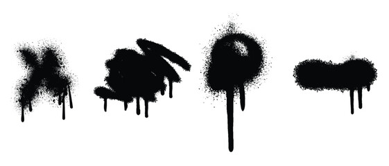 Spray painted texture. Graffiti stencil template, Black grunge splatter, spray effect and spray paints. Street art texture, paint silhouettes, vandalism grunge elements, circles and dots. Vector