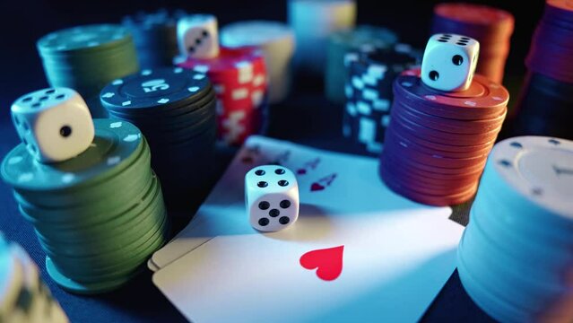 Casino chips with dice and playing cards on a dark table. Concept of gambling or poker and entertainment. Close up macro shoot. Online casino betting