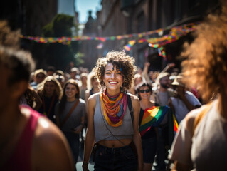 Photo of girl and people rallying for lgbtq+ rights at a pride diversity with colorful flag background - Ai Generated