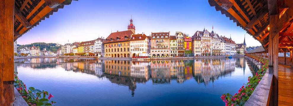 Luzern Kapelbrucke and riverfront architecture famous Swiss landmarks panoramic view