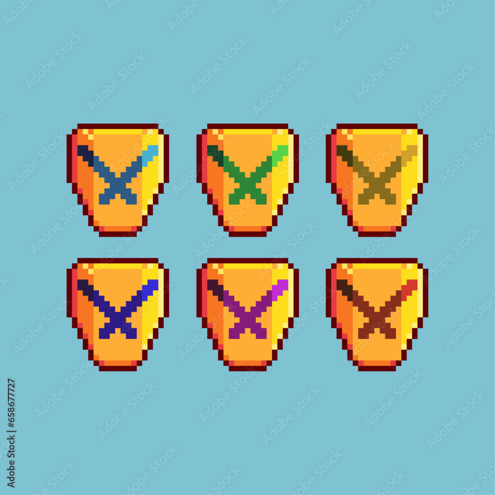 Fototapete pixel art sets of golden disapprove shield with variation color item asset. simple bits of shield on