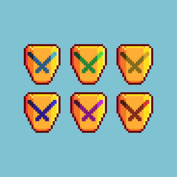 Pixel art sets of Golden disapprove shield with variation color item asset. Simple bits of shield on pixelated style. 8bits perfect for game asset or design asset element for your game design asset.