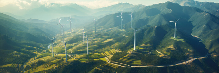 Aerial view of Wind turbines generating green power high in mountains. Generative Ai