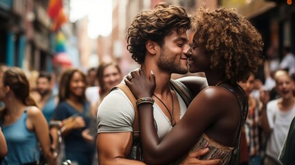 Multiracial couple with african american young woman and latino man hugging outdoor and kissing on street party. interracial concept. - obrazy, fototapety, plakaty