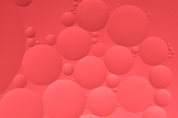 Macro photo with circles oil droplets water surface. Abstract red background with oil bubbles.
