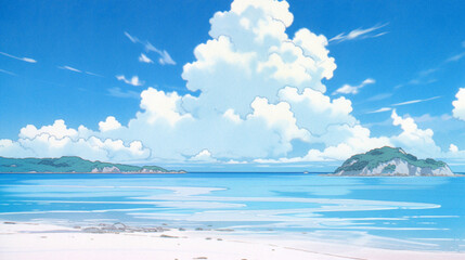 Obraz premium Waves of Bliss: Anime-style Illustration of a Coastal Oasis, Generative AI