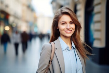 Obraz premium Businesswoman smile happy face portrait on city street
