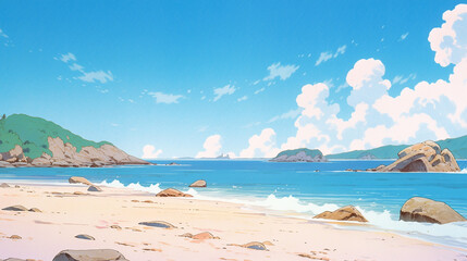 Ocean Dreams: Anime-style Scene of a Coastal Paradise, Generative AI