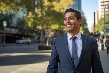 Hispanic businessman walking street smile happy face