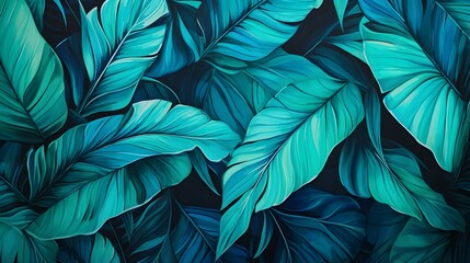 Abstract Background of illustrated Tropical Leaves. Exotic Wallpaper in cyan Colors