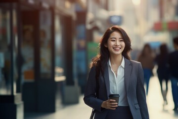 Asian businesswoman smile happy face on city street