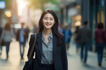 Asian businesswoman smile happy face on city street
