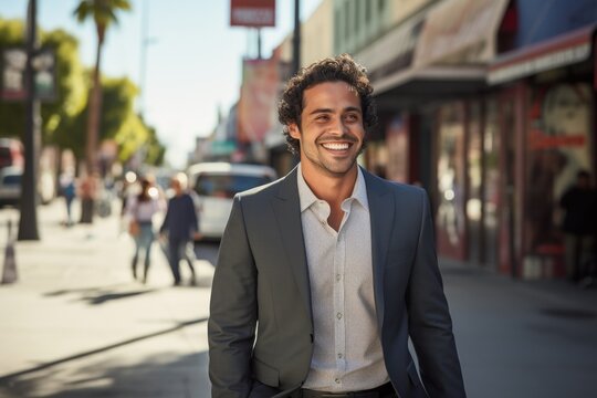 Fototapeta Hispanic businessman walking street smile happy face