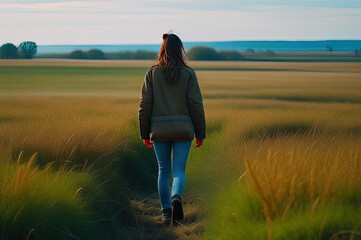 girl in the field. a girl in jeans walks through a golden wheat field. AI GENERATE