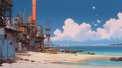Sandy Haven: Anime-style Illustration of a Coastal Paradise, Generative AI