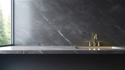 washroom in a minimalist design with a marmur countertop and washbasin of gold tap, created with Generative AI Technology.