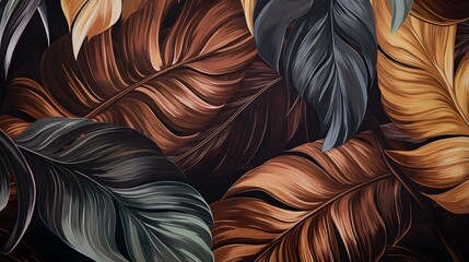 Abstract Background of illustrated Tropical Leaves. Exotic Wallpaper in dark brown Colors