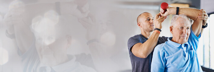 Fitness banner, dumbbell or physiotherapist with senior man in arm exercise or body recovery workout. Coach, double exposure mockup space or mature client stretching or training in physical therapy