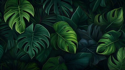 Fototapeta premium Abstract Background of illustrated Tropical Leaves. Exotic Wallpaper in dark green Colors