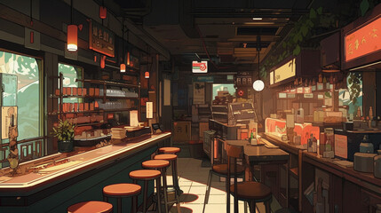 Lantern Lights & Laughter: Anime-style Scene of Bar Revelry, Generative AI