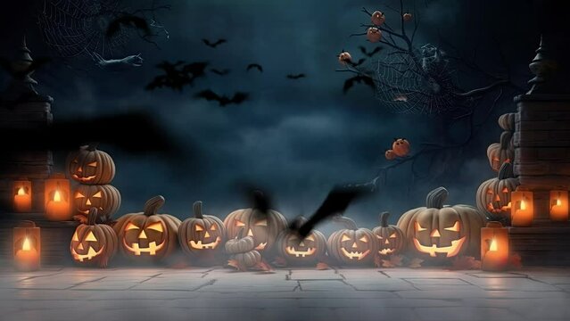 halloween night decorative with bat and moon background. seamless looping time-lapse virtual video animation background.	
