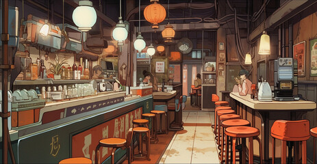 Izakaya Indulgence: Anime-style Illustration of Nighttime Cheers, Generative AI