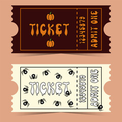 halloween tickets with spooky text, retro style with spiders and pumpkins