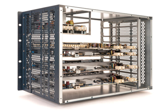 Rack mounted electronic equipment isolated on white background