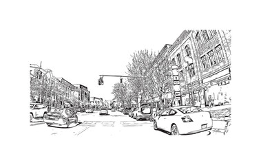 Building view with landmark of Saratoga Springs is the city in New York State. Hand drawn sketch illustration in vector.