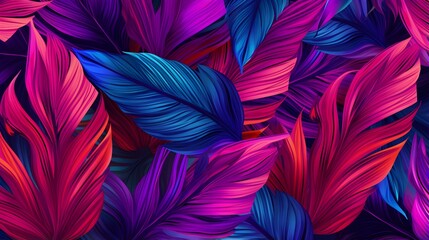 Abstract Background of illustrated Tropical Leaves. Exotic Wallpaper in fuchsia Colors - obrazy, fototapety, plakaty