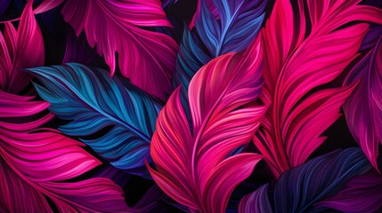 Abstract Background of illustrated Tropical Leaves. Exotic Wallpaper in fuchsia Colors