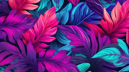 Abstract Background of illustrated Tropical Leaves. Exotic Wallpaper in fuchsia Colors - obrazy, fototapety, plakaty