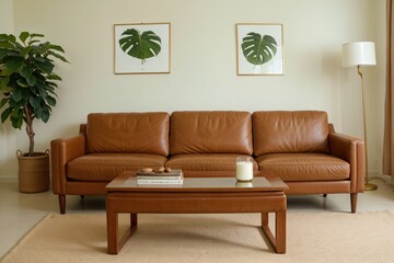 living room with a brown leather capitone sofa