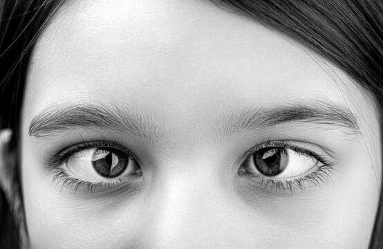Strabismus in children causes, treatment concept. Female eyes with strabismus. Hypertropia. Strabismus. Black and white
